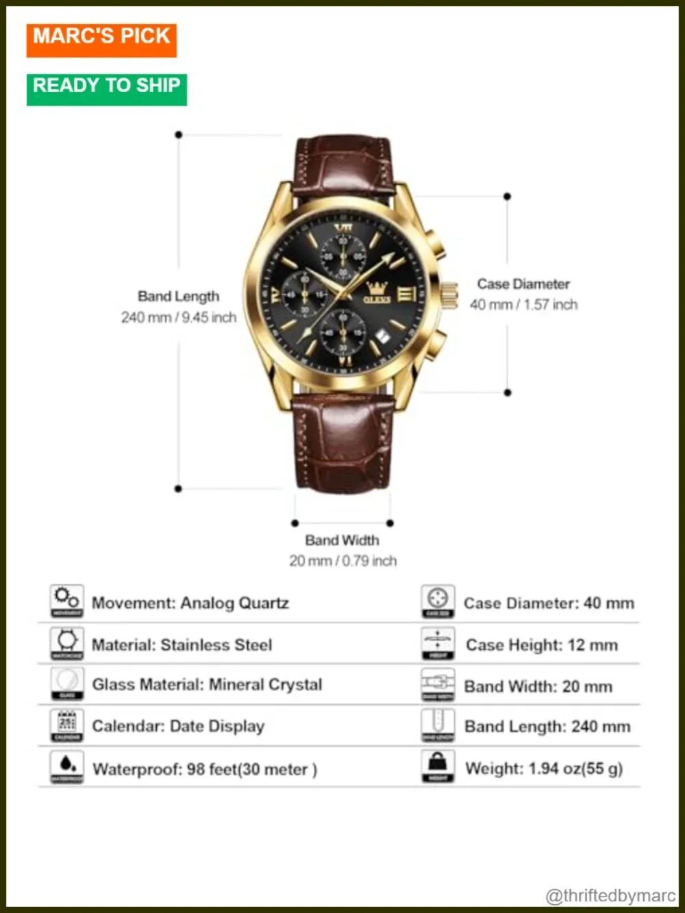 Men's Chronograph Leather Watch Big Face Analog Quartz Dress Casual Waterproof